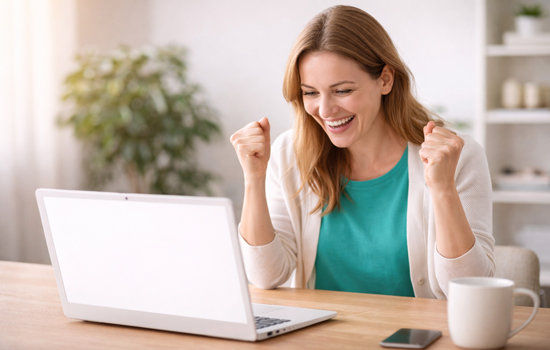 Unternehmerin vor dem Laptop freut sich über ihre neue Website