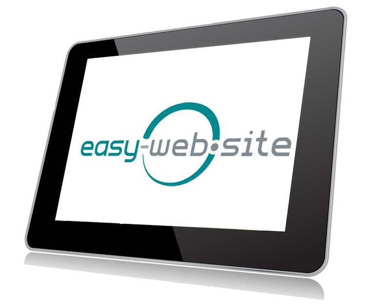 Ein stehendes Tablet zeigt das easy-web.site Logo
